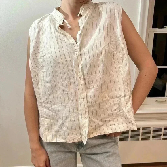 Stripped Linen button down sleeveless top 1x - Picture 6 of 7
